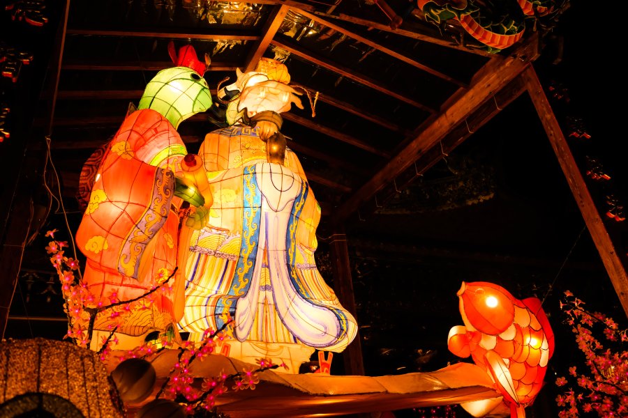 Lunar new year lanterns at Lung Shan temple at night, Taipei