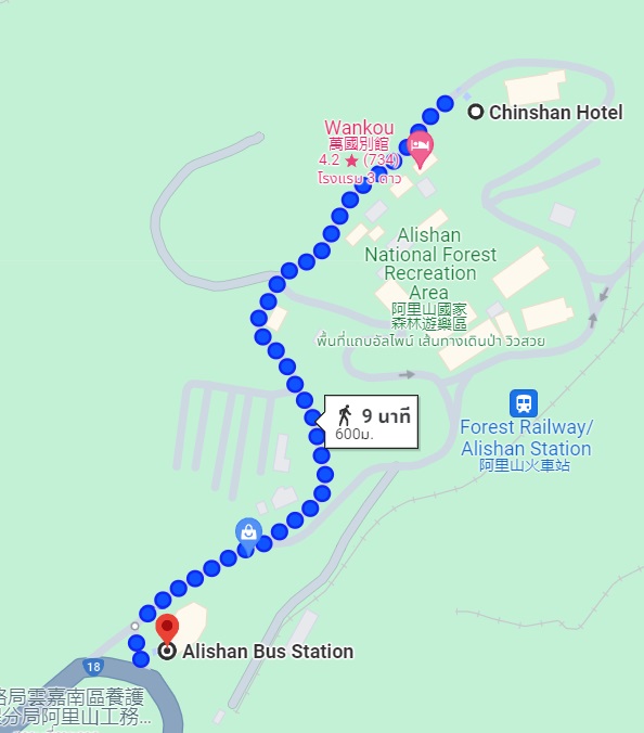 map showing walking route from Chinshan hotel to Alishan bus station