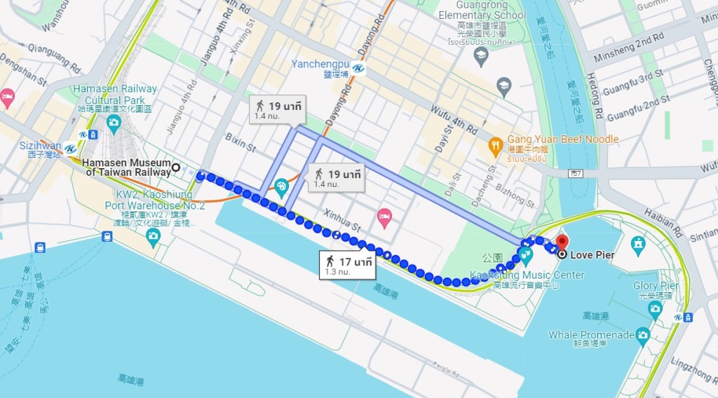 map showing the route from Hamasen museum to Love pier