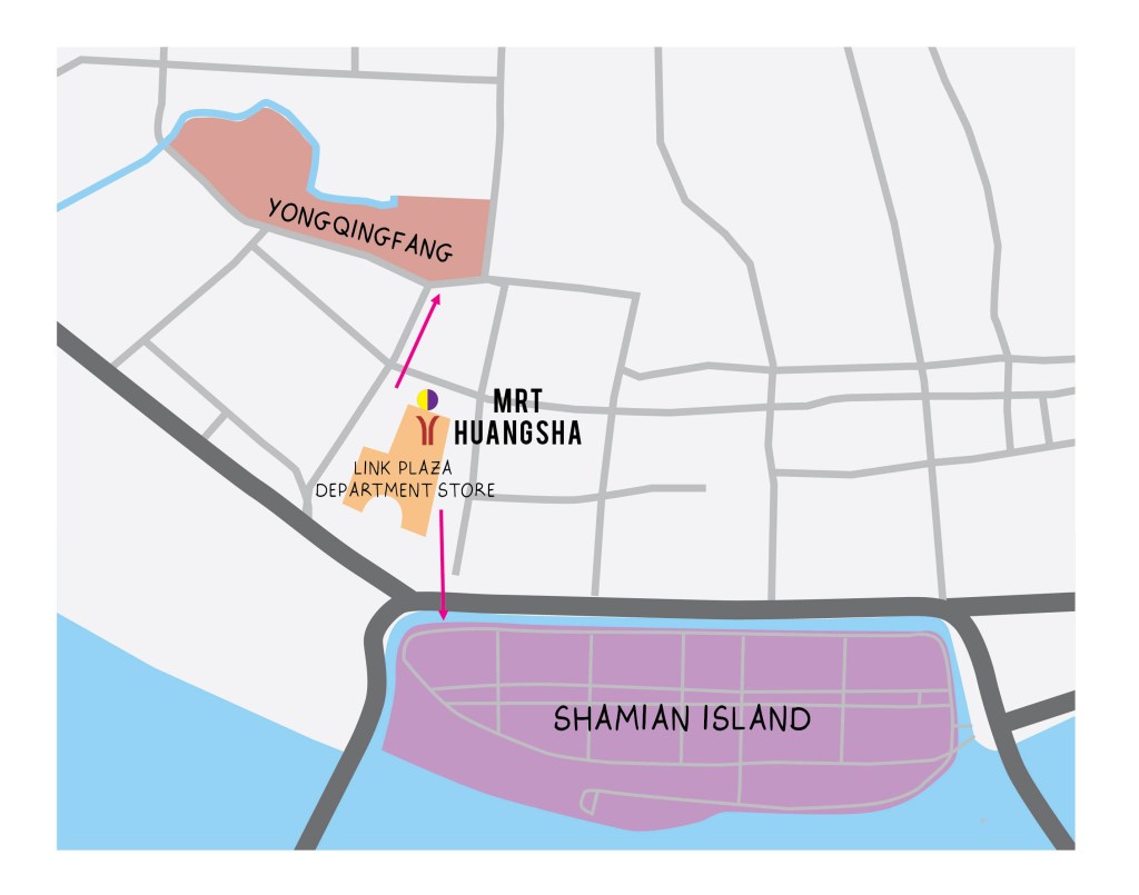 แผนที่แสดงสถานที่ท่องเที่ยวบริเวณ MRT Huangsha ได้แก่ Link Plaza, Yongqingfang, เกาะ Shamian