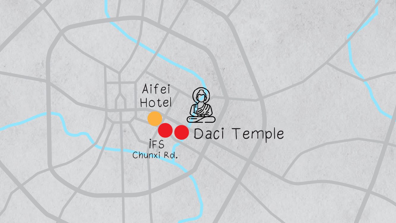 แผนที่แสดง กลางเมืองเฉิงตู โชว์ตำแหน่งโรงแรม Aifei, ตึก IFS, Chunxi Rd., วัดต้าสือ