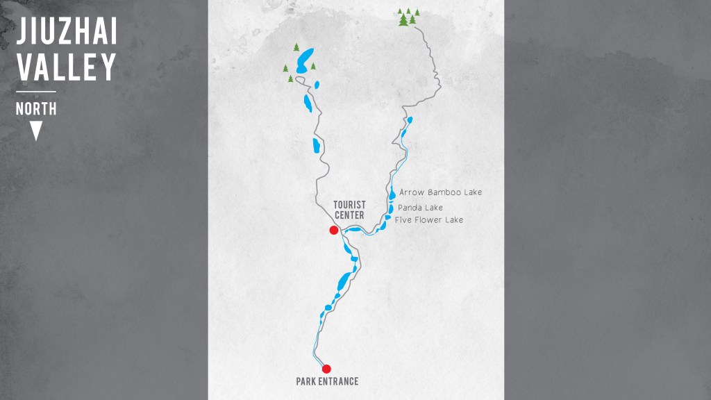 แผนที่หุบเขาจิ่วจ้ายโกว ฝั่งขวา และศูนย์บริการนักท่องเที่ยวตรงกลาง โดยทิศเหนืออยู่ด้านล่าง