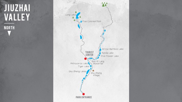 แผนที่หุบเขาจิ่วจ้ายโกว โดยทิศเหนืออยู่ด้านล่าง