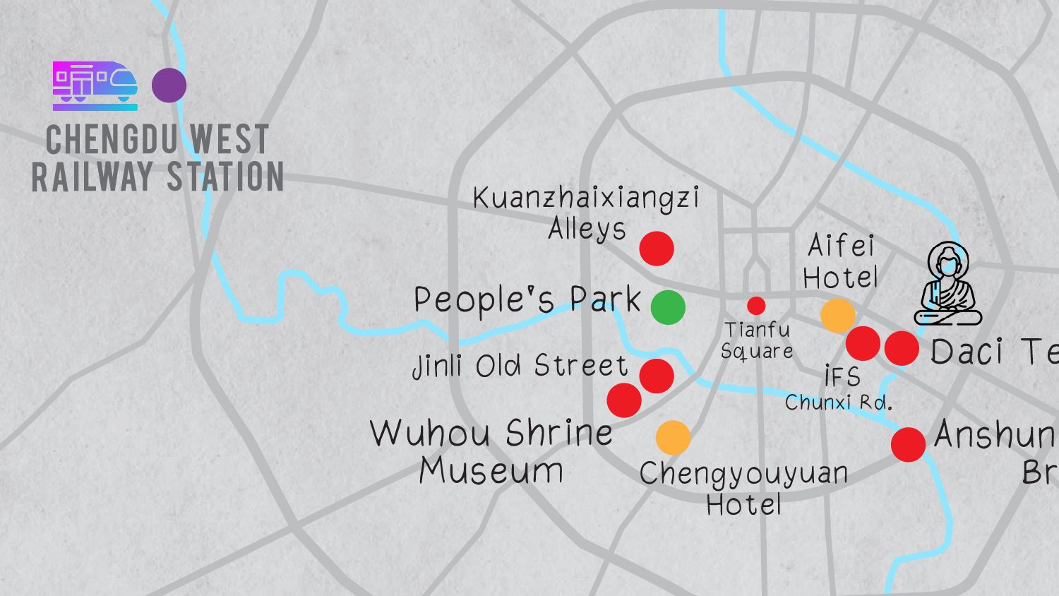 ภาพแผนที่เมืองเฉิงตู แสดงให้เห็นตำแหน่ง สถานีรถไฟเฉิงตูตะวันตก, โรงแรม Chengyouyuan, ศาลเจ้าอู่โหว, ถนนคนเดินจิ๋นหลี่, สวนสาธารณะ people's park, ซอยกว้างแคบ, จตุรัสเทียนฝู และ อื่นๆ