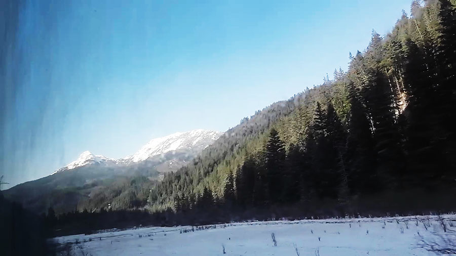 วิวบนเขา ป่าสน และหิมะ ระหว่างทางเดินทางกลับจากจิ่วจ้ายโกว ไปยังสถานีรถไฟ