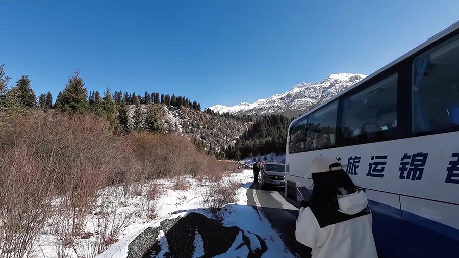 ระหว่างรถจอด ผู้โดยสารลงไปถ่ายรูป เล่นหิมะ และทำธุระในป่า