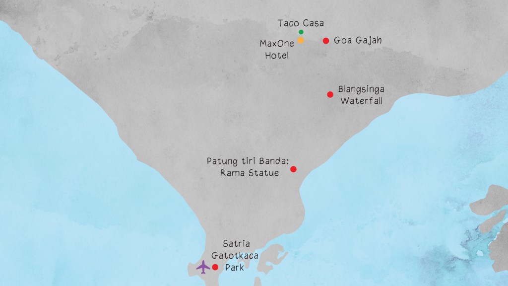 แผนที่แสดงจุดที่พวกเราเดินทางไปเที่ยวในวันแรก โดยเริ่มจากท่าอากาศยานบาหลี ไปจบที่โรงแรม MaxOne