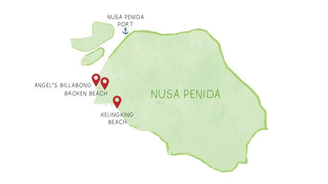 map of attractions on the west side of Nusa Penida, Bali, Indonesia, แผนที่แสดงที่ท่องเที่ยวฝั่งตะวันตก เกาะนุสาเพนิดะ บาหลี อินโดนีเซีย