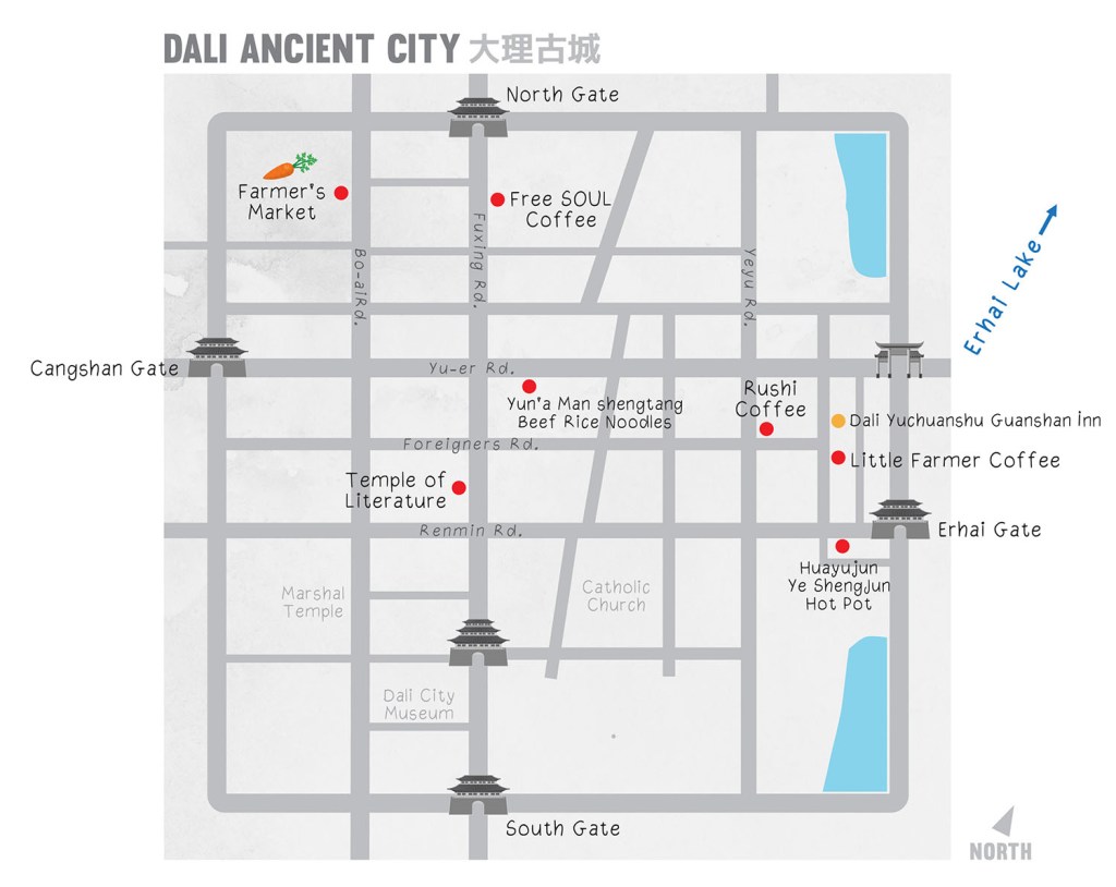 map showing Dali Ancient City, Yunnan, China แผนที่เมืองเก่าต้าหลี่ มณฑลยูนนาน ประเทศจีน