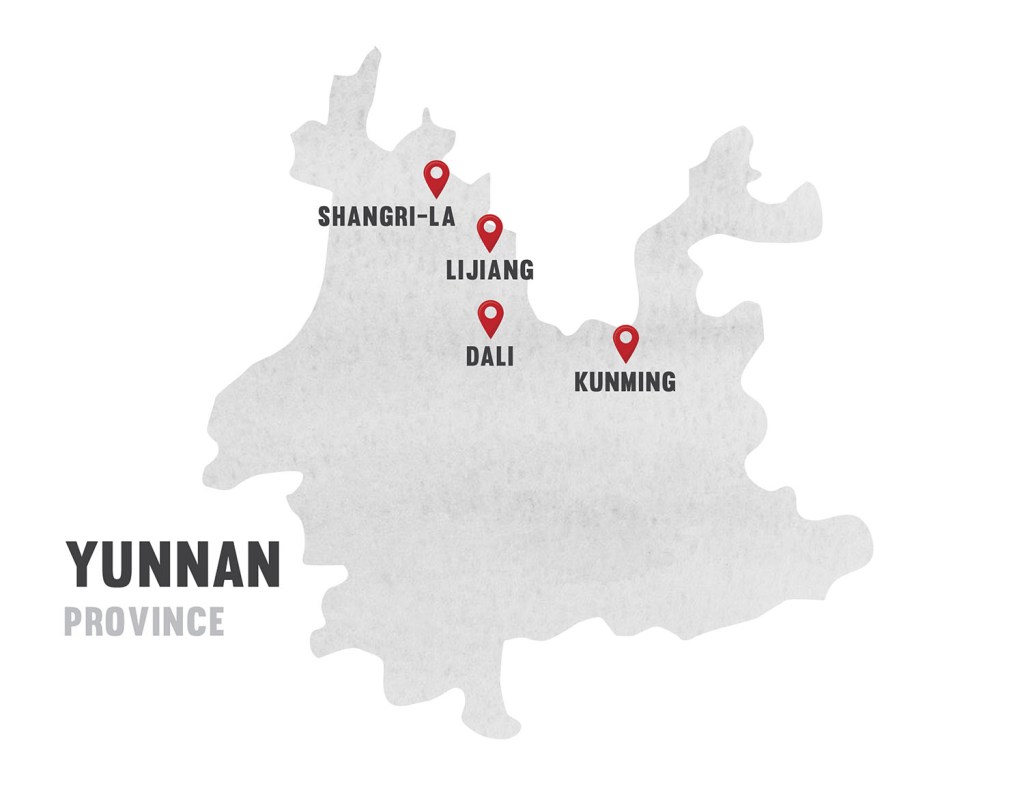 map of Yunnan province, showing positions of Kunming, Dali, Lijiang and Shangri-la แผนที่มณฑลยูนนาน แสดงตำแหน่งเมือง คุนหมิง, ต้าหลี่, ลี่เจียง และ แชงกรี-ลา
