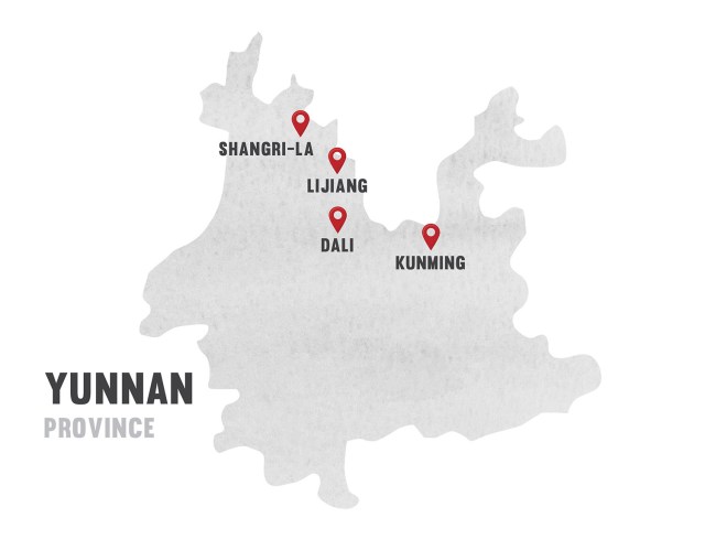 map of Yunnan province, China showing locations of Kunming, Dali, Lijiang, Shangri-la แผนที่มณฑลยูนนาน แสดงตำแหน่งเมือง คุนหมิง ต้าหลี่ ลี่เจียง และ แชงกรีล่า