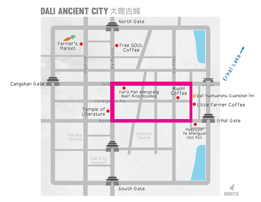 map showing Dali Ancient City, Yunnan, China แผนที่เมืองเก่าต้าหลี่ มณฑลยูนนาน ประเทศจีน