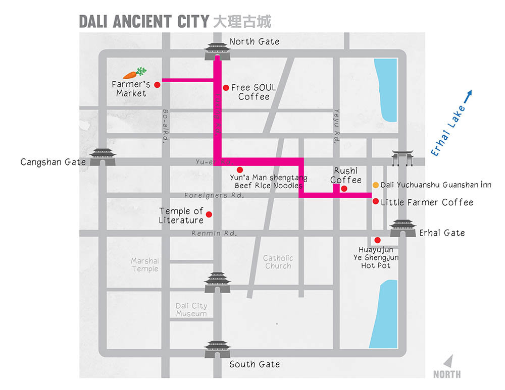 map showing Dali Ancient City, Yunnan, China แผนที่เมืองเก่าต้าหลี่ มณฑลยูนนาน ประเทศจีน