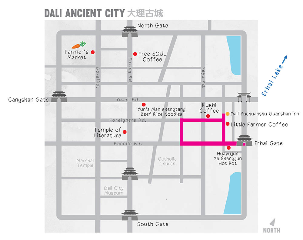 map showing Dali Ancient City, Yunnan, China แผนที่เมืองเก่าต้าหลี่ มณฑลยูนนาน ประเทศจีน