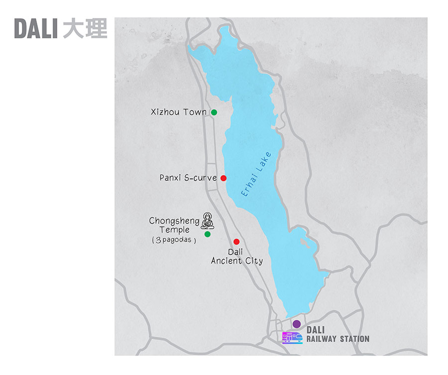 map showing attractions in Dali, Yunnan, China แผนที่แสดงตำแหน่งสถานที่ท่องเที่ยวที่เมืองต้าหลี่ มณฑลยูนนาน ประเทศจีน