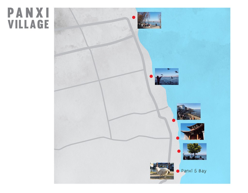 map showing Panxi S-bay Erhai lake, Dali, Yunnan, China แผนที่ แสดงโซน Panxi S-curve ที่ทะเลสาบเอ๋อร์ไห๋ เมืองต้าหลี่ มณฑลยูนนาน ประเทศจีน