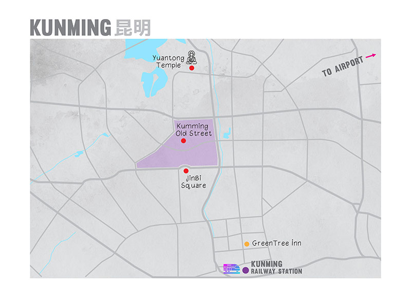 map of Kunming showing Yuantong temple, Kunming old street area, Jinbi square, Greentreee inn and Kunming Railway station