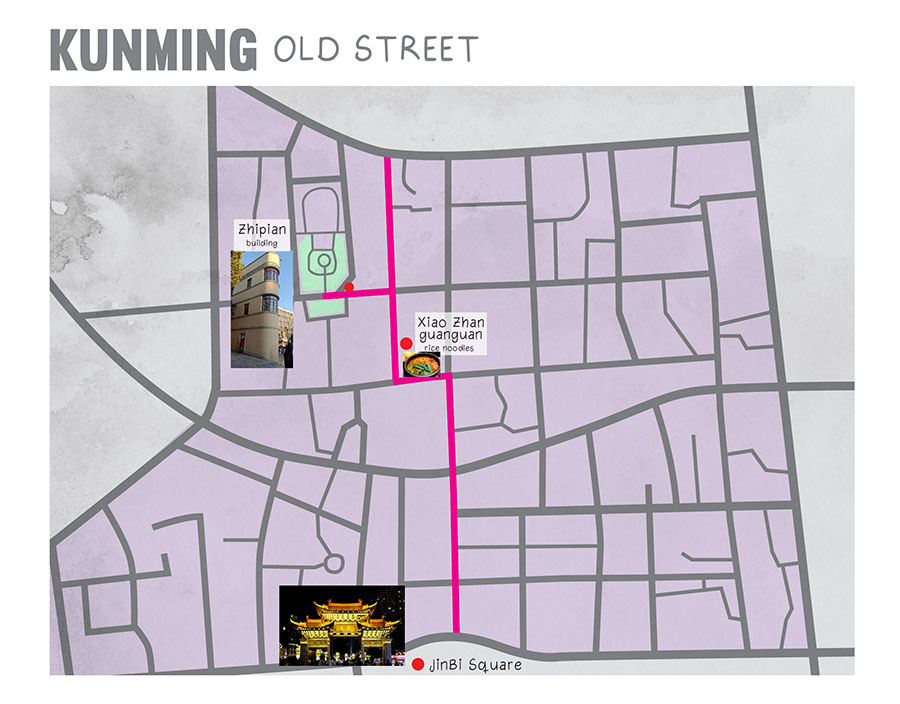 map of Kunming old street area แผนที่เมืองเก่า ถนนคนเดินคุนหมิง