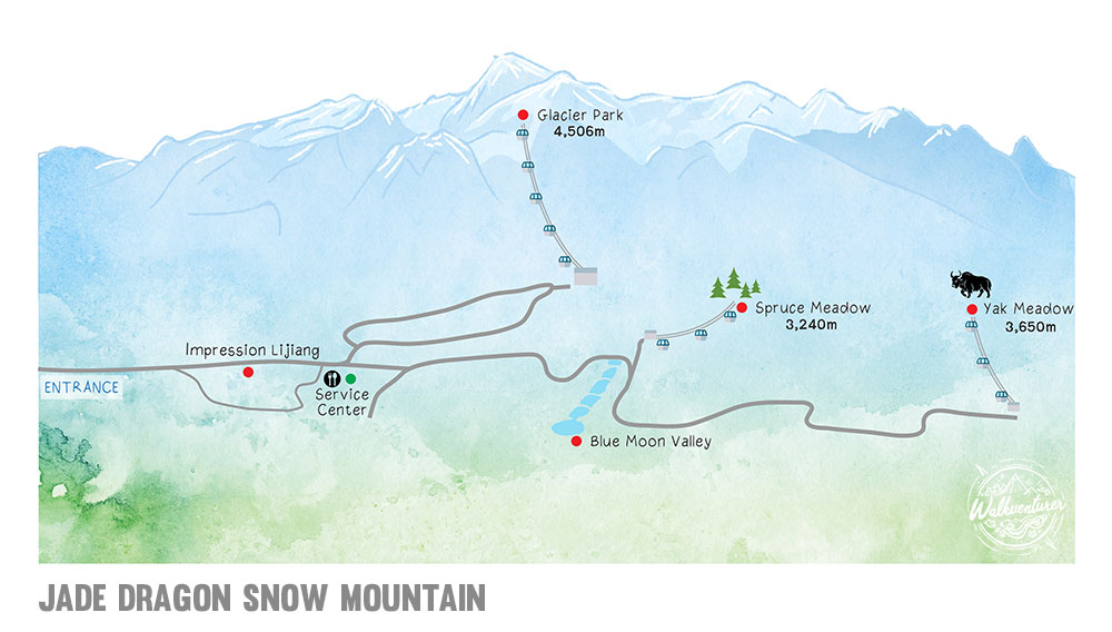 map of Jade Dragon Snow Mountain, Lijiang, Yunnan Province, China แผนที่อุทยานแห่งชาติ ภูเขาหิมะมังกรหยก ลี่เจียง มณฑลยูนนาน ประเทศจีน