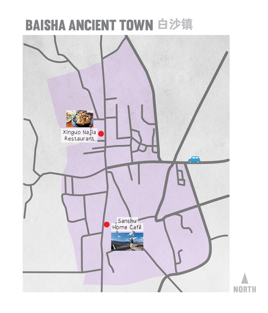 แผนที่หมู่บ้านไป๋ชา ลี่เจียง ยูนนาน ประเทศจีน map of Baisha Ancient Town, Lijiang, Yunnan, China