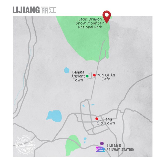 map of Ljjiang showing our destinations แผนที่ลี่เจียง แสดงสถานที่ที่พวกเราเดินทางไป Lijiang, Yunnan province, China ลี่เจียง มณฑลยูนนาน ประเทศจีน