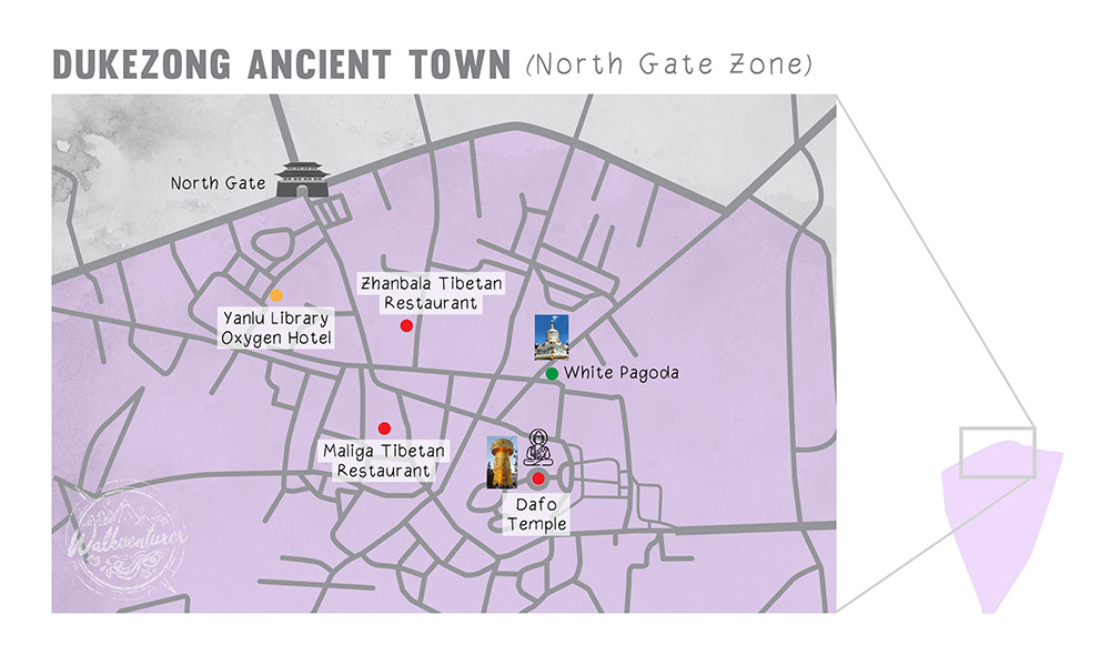 map of Shangri-la Dukezong Ancient town (north gate zone) แผนที่เมืองเก่าตู๋เค่อจง แชงกรีลา บริเวณประตูเมืองทิศเหนือ