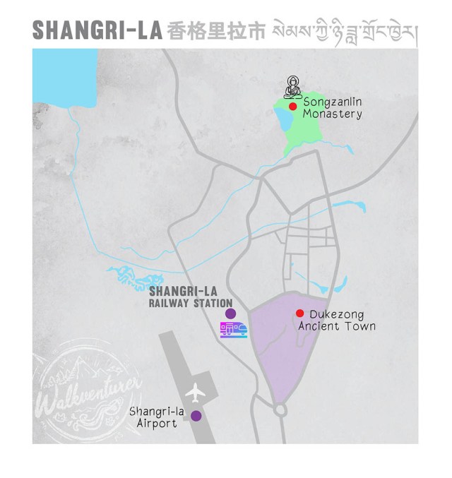 map of Shangri-la, Yunnan province, China แผนที่แชงกรีลา มณฑลยูนนาน ประเทศจีน