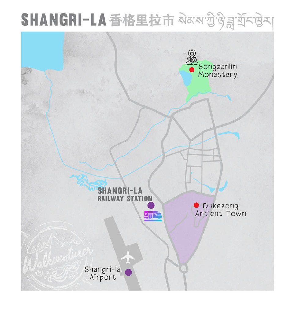 map of Shangri-la, Yunnan province, China แผนที่แชงกรีลา มณฑลยูนนาน ประเทศจีน