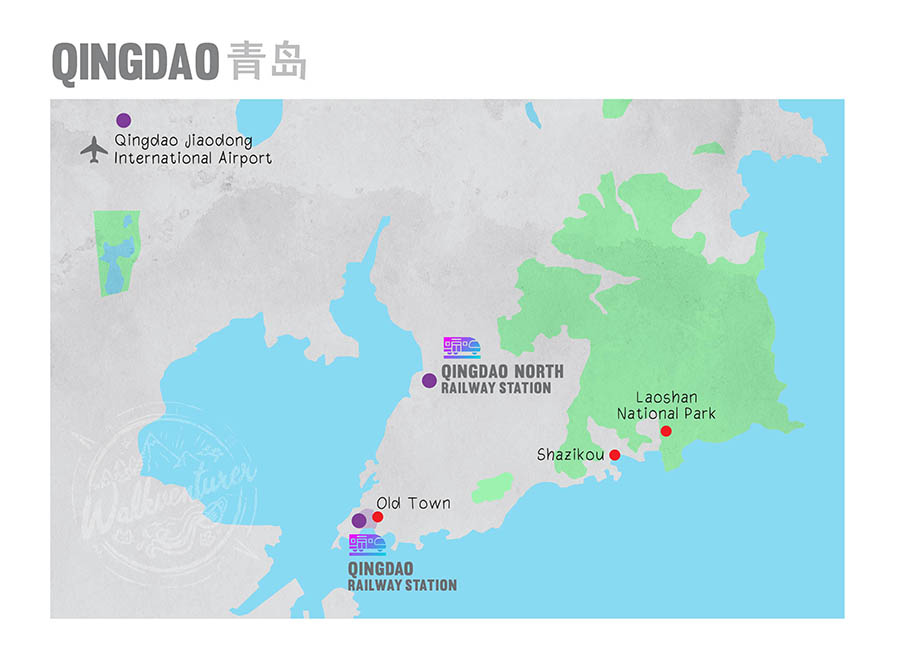 map of Qingdao, Shandong province, China แผนที่ชิงเต่า มณฑลชานตง ประเทศจีน