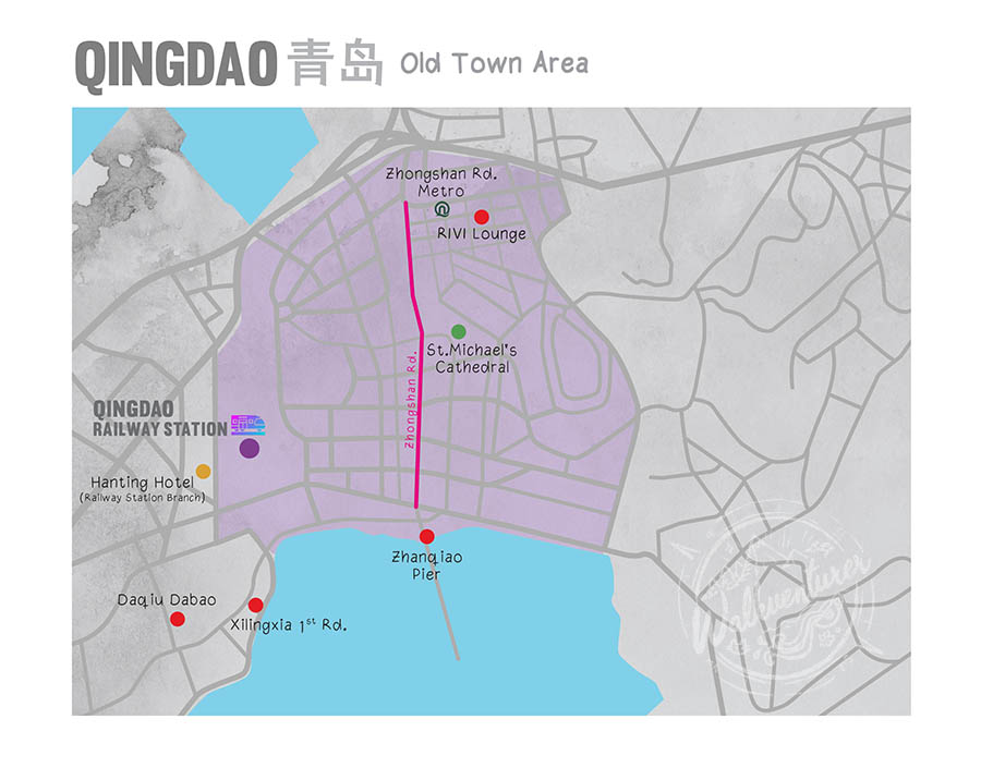 map of old town area, Qingdao, Shandong province, China แผนที่โซนเมืองเก่า ชิงเต่า มณฑลชานตง ประเทศจีน