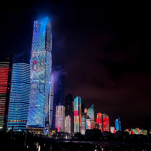 Qingdao cyberpunk beach, No.3rd beach, Skyscrapers light show at night, Qingdao, Shandong province, หาดไซเบอร์พังค์, หาดหมายเลข 3, โชว์ไฟตึก CBD, ชิงเต่า มณฑลชานตง ประเทศจีน