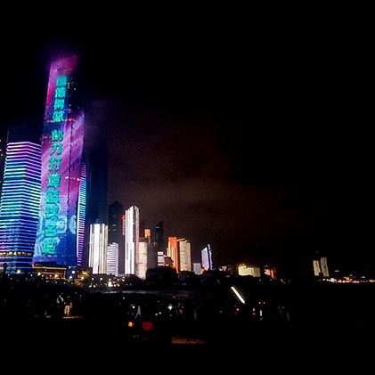 Qingdao cyberpunk beach, No.3rd beach, Skyscrapers light show at night, Qingdao, Shandong province, หาดไซเบอร์พังค์, หาดหมายเลข 3, โชว์ไฟตึก CBD, ชิงเต่า มณฑลชานตง ประเทศจีน