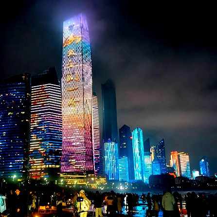 Qingdao cyberpunk beach, No.3rd beach, Skyscrapers light show at night, Qingdao, Shandong province, หาดไซเบอร์พังค์, หาดหมายเลข 3, โชว์ไฟตึก CBD, ชิงเต่า มณฑลชานตง ประเทศจีน