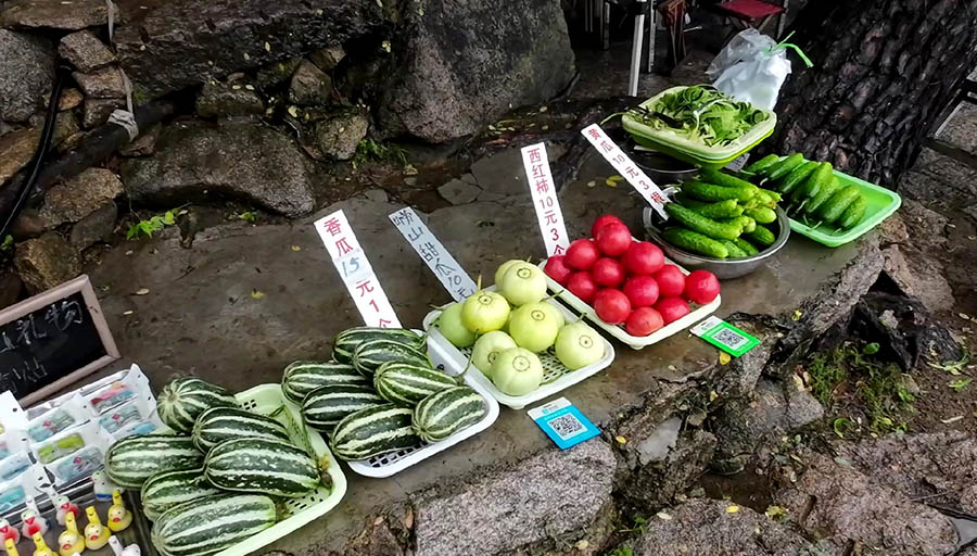 vegetables for sale, Yangkou, Laoshan National Park, Qingdao, Shandong province, China แผงขายผัก หยางโข่ว อุทยานแห่งชาติเหลาซาน ชิงเต่า มณฑลชานตง ประเทศจีน