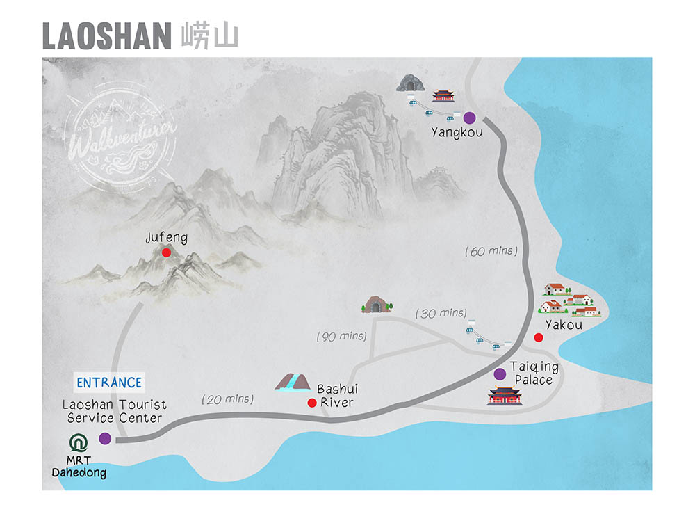 map of Laoshan National Park, Qingdao, Shandong province, China แผนที่อุทยานแห่งชาติเหลาซาน ชิงเต่า มณฑลชานตง ประเทศจีน
